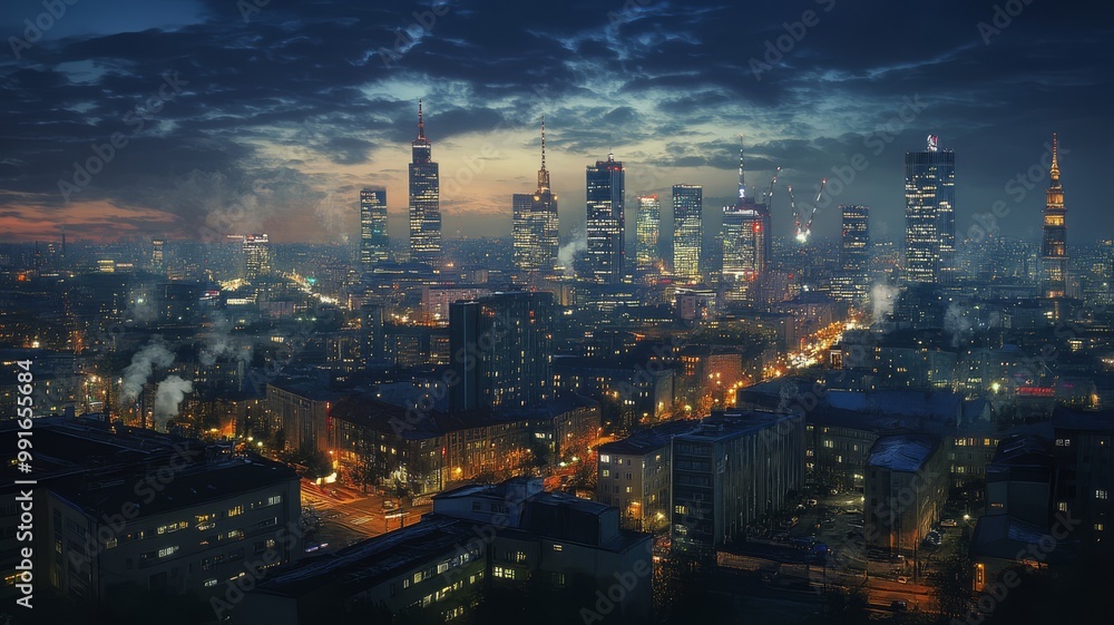 Fototapeta premium A stunning nighttime cityscape featuring illuminated skyscrapers and bustling city lights under a twilight sky.