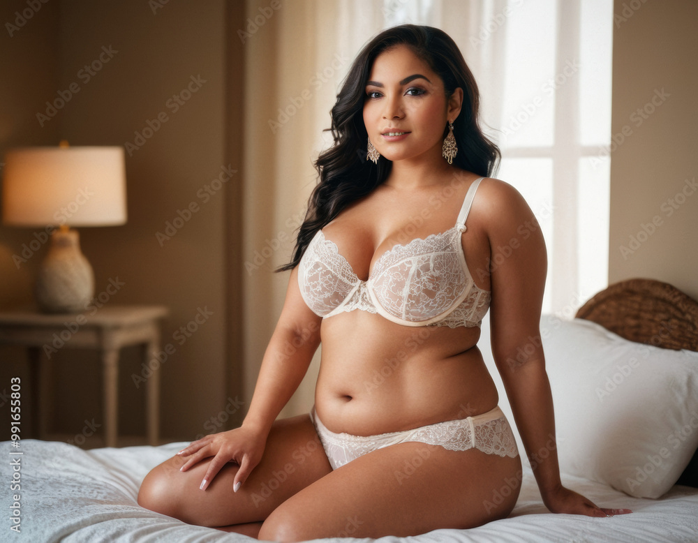 Curvy woman in lace lingerie holding her abdomen, symbolizing body transformation, weight loss journey, or body positivity, in a bright and serene setting Curvy woman in lace lingerie holding her abdomen, symbolizing body transformation, weight loss journey, or body positivity, in a bright and serene setting