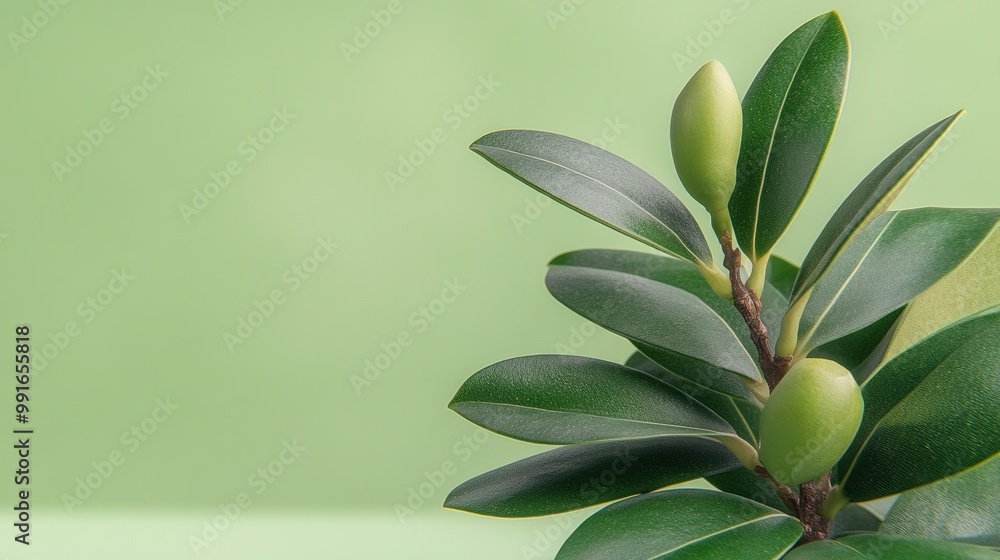 Lush Green Leaves with Buds on a Soft Green Background Lush Green Leaves with Buds on a Soft Green Background