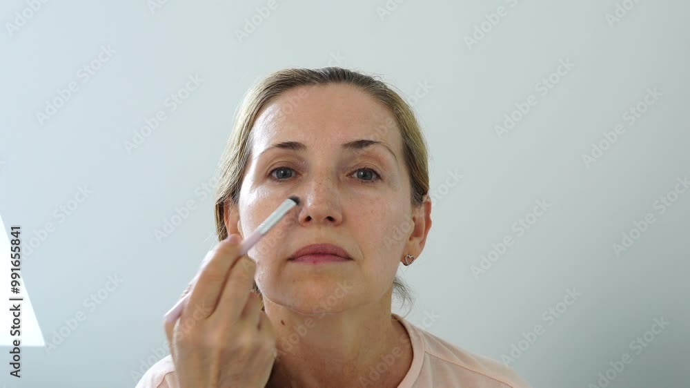 Middle age woman makes basic make up in the morning Middle age woman makes basic make up in the morning