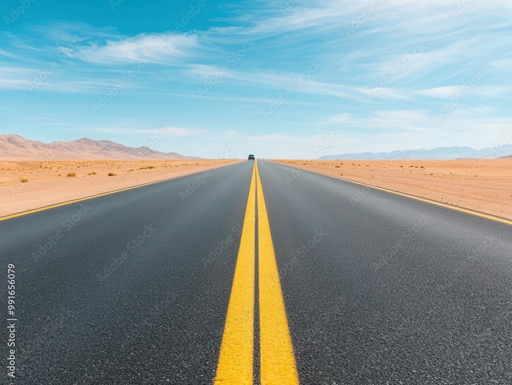 Fototapeta premium Long stretch of desert highway with faded lane markings and a solitary car in the distance, desert highway, remote infrastructure