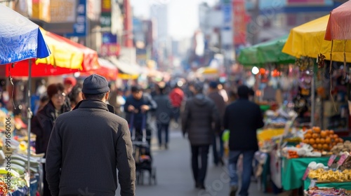 Strolling through a vibrant market filled with colorful stalls and lively shoppers in autumn