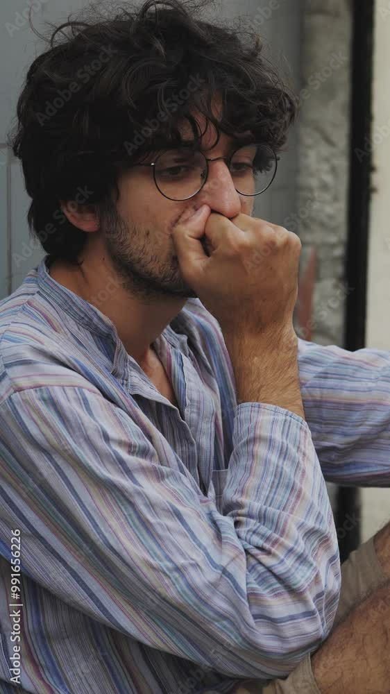 Vertical, A sad young man with glasses and curly hair sits outside, reflecting on a recent breakup. His downcast expression and slouched posture reveal his deep sense of loss. Vertical, A sad young man with glasses and curly hair sits outside, reflecting on a recent breakup. His downcast expression and slouched posture reveal his deep sense of loss.