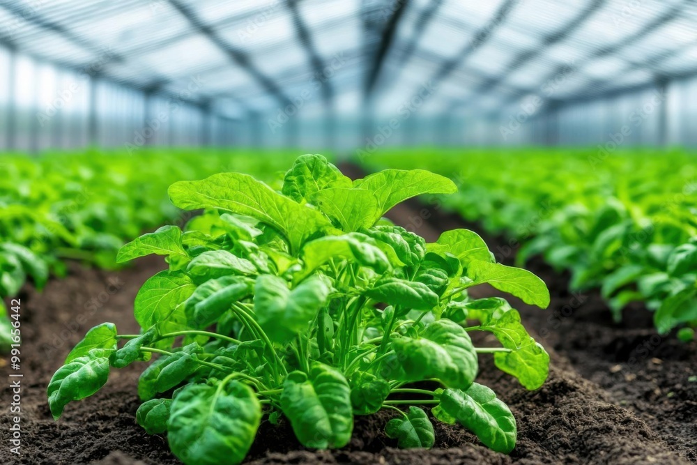 Fresh spinach growing in a greenhouse with lush green leaves. Fresh spinach growing in a greenhouse with lush green leaves.