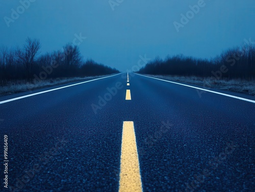 Long, straight road with reflective road studs stretching into the distance, reflective studs, night navigation photo