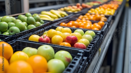Fruit Supply Chain: Neatly Stacked Crates of Fresh Produce Beside Conveyor Belts – Perfect for Background Use