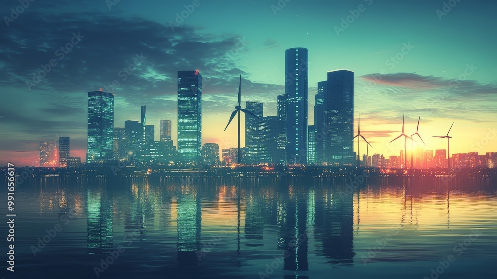 Fototapeta premium A futuristic city skyline at dusk, featuring towering skyscrapers, wind turbines, and a glowing reflection on the water.
