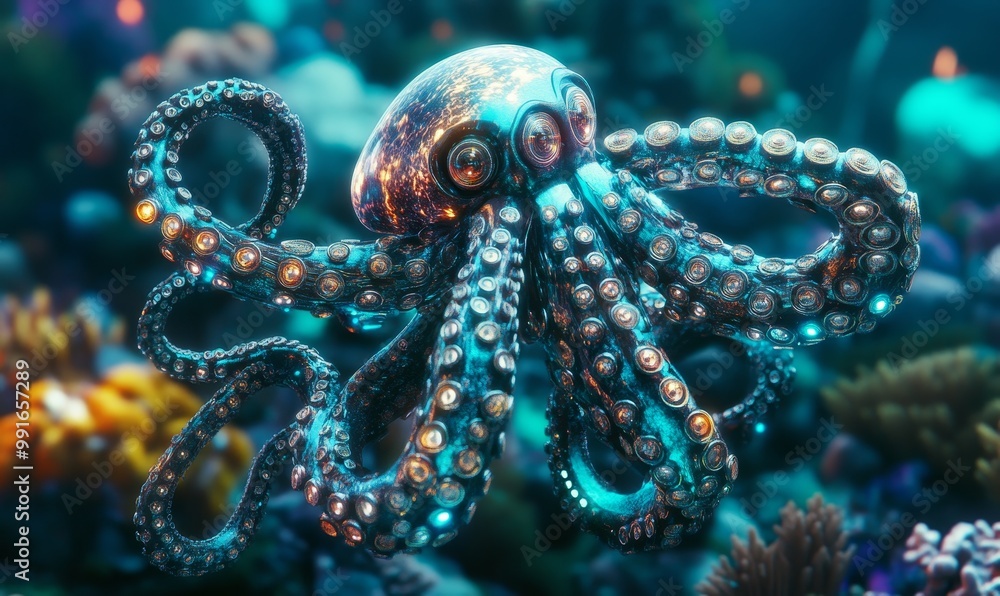 Metallic octopus with glowing eyes, underwater. Metallic octopus with glowing eyes, underwater.