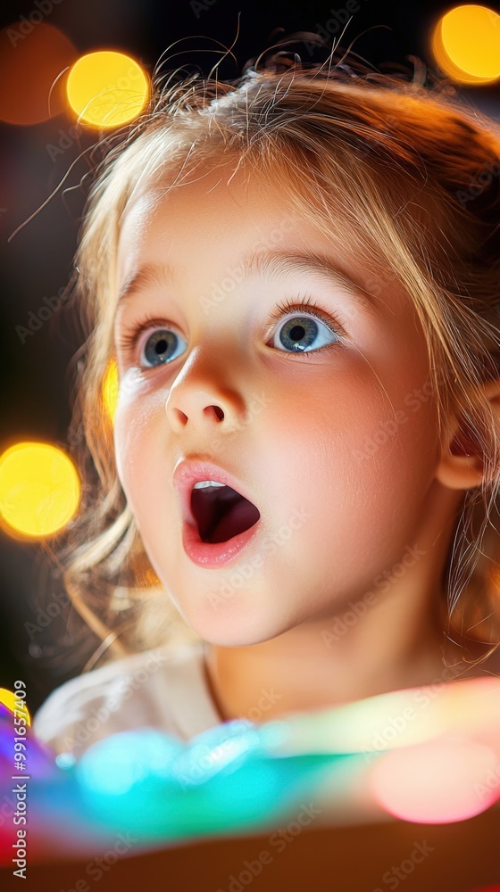 A child’s wonder illuminated by colorful lights during a festive celebration A child’s wonder illuminated by colorful lights during a festive celebration