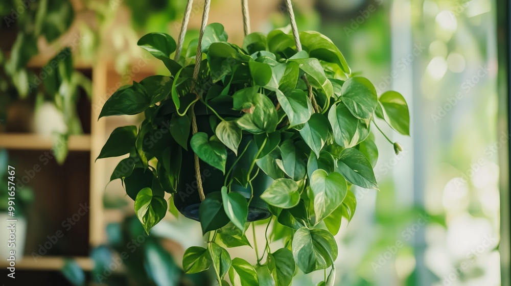 Indoor hanging plant with lush green leaves thriving in a bright, modern living space filled with natural light Indoor hanging plant with lush green leaves thriving in a bright, modern living space filled with natural light