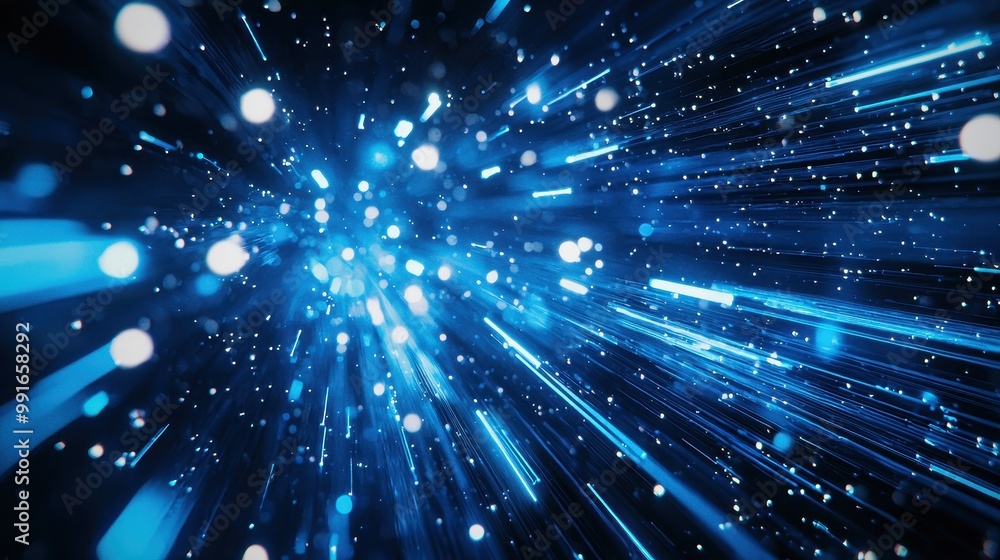 Fototapeta premium Glowing blue beams of light slicing through a holographic background with abstract tech patterns, creating a futuristic atmosphere.