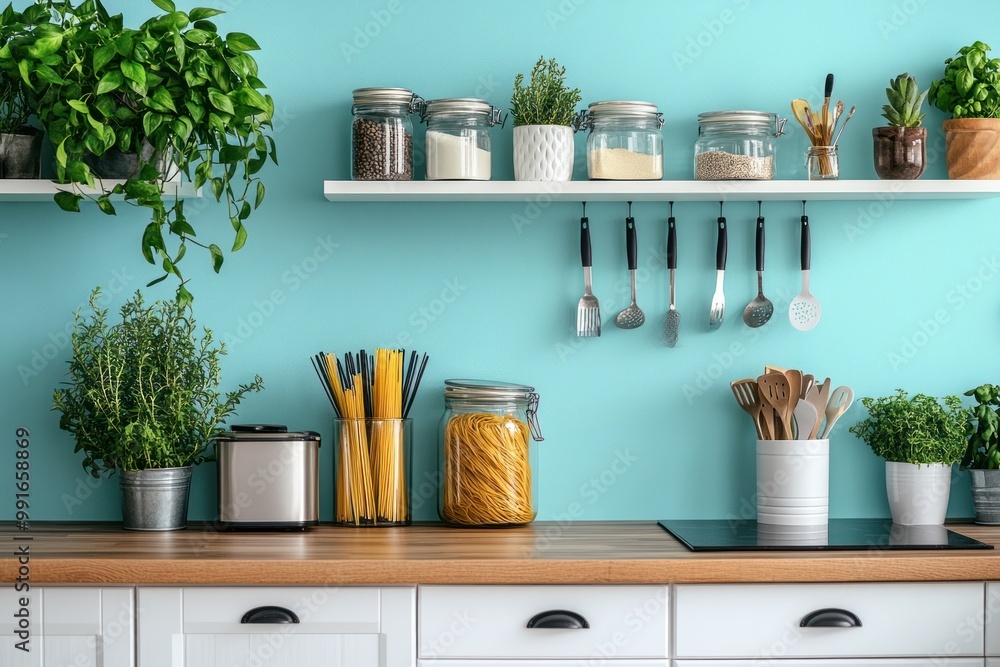 Modern Kitchen Interior with Blue Walls Modern Kitchen Interior with Blue Walls