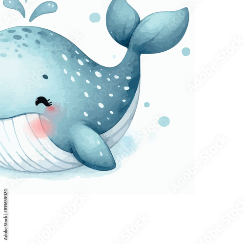 Simple Baby Cute Whale Watercolor Illustration on White Background