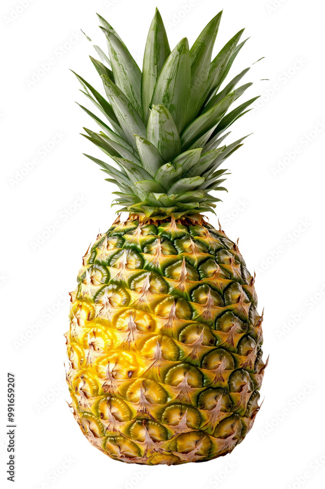 Fototapeta premium A whole pineapple with sharp green leaves and textured golden skin, isolated on a white background.