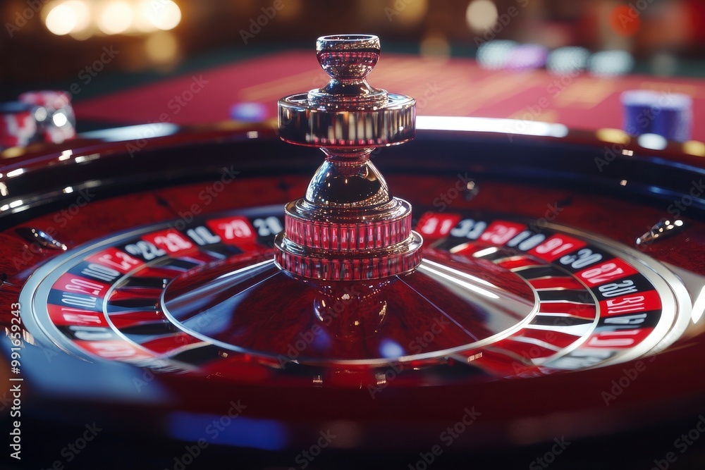 Obraz premium Casino roulette table with red chips and cards. 3d rendering .geneative ai