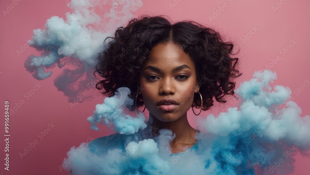 Woman with curly hair and gold earrings in ethereal background Woman with curly hair and gold earrings in ethereal background