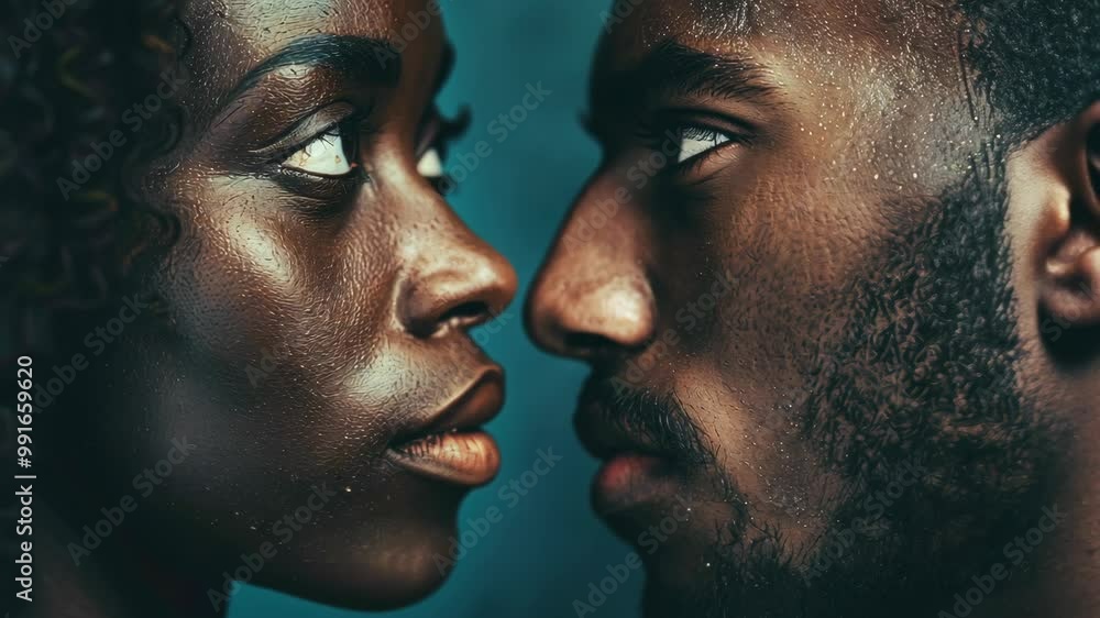 A woman and a man look intensely at each other, their faces close together A woman and a man look intensely at each other, their faces close together