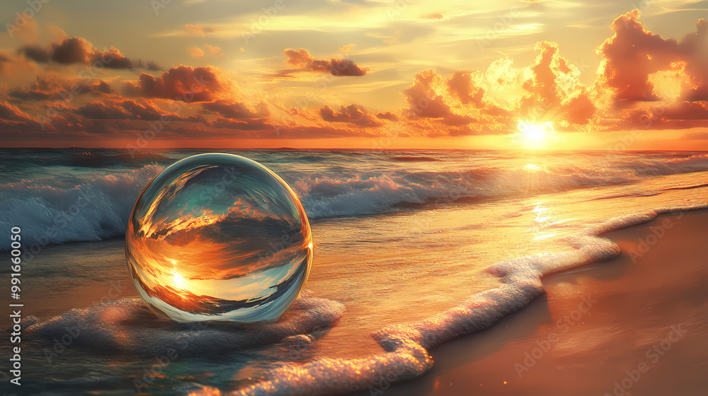 A glass ball lies in the waves on the sandy beach, the sea and the setting sun are reflected in the ball. Crystal Ball. Illustration