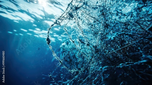 Overfishing environmental impact visualized by depleted fish populations in a barren ocean photo