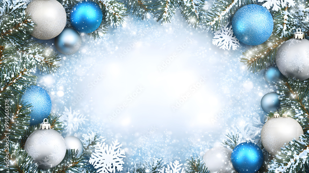Christmas decorations view on the winter window background, blue silver and light blue balls, top of frame, Christmas decorations view on the winter window background, blue silver and light blue balls, top of frame,