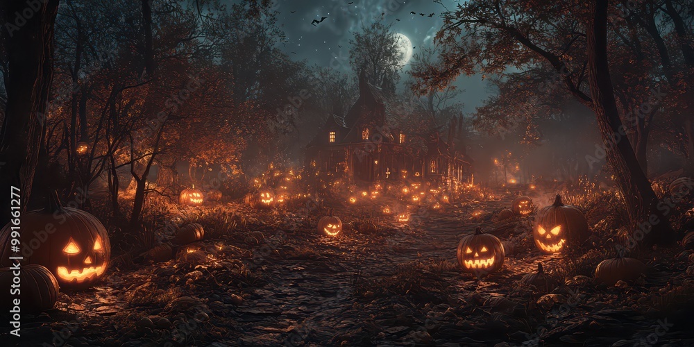 Spooky Halloween night with glowing jack-o'-lanterns and a haunted house under a full moon, surrounded by eerie forest. Spooky Halloween night with glowing jack-o'-lanterns and a haunted house under a full moon, surrounded by eerie forest.