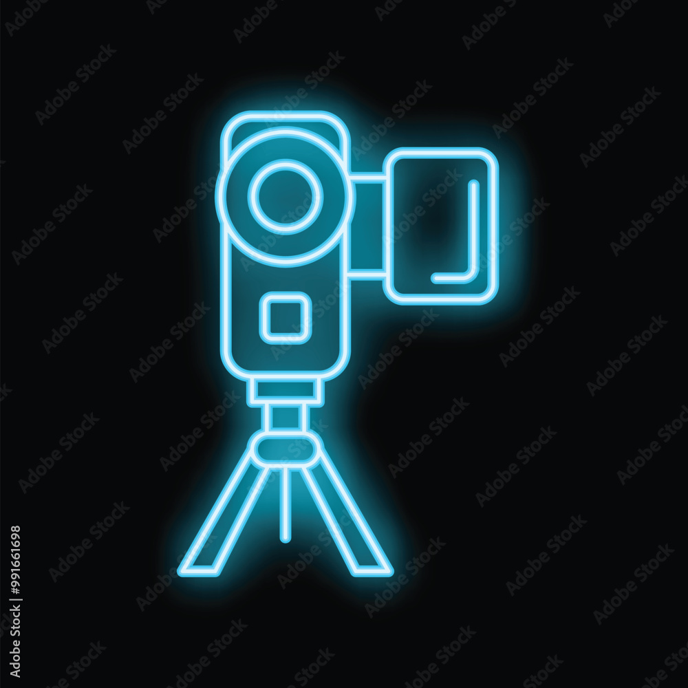 Blue neon icon of a digital camera recording while standing on a tripod, isolated on a black background Blue neon icon of a digital camera recording while standing on a tripod, isolated on a black background