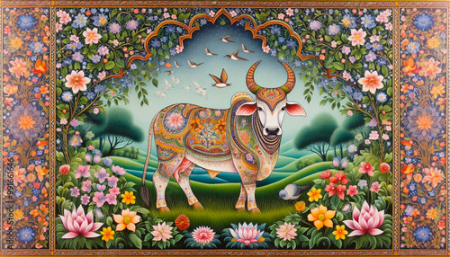   portrait of beautiful traditional Indian folk art Madhubani or Pichwai painting Indian cow 