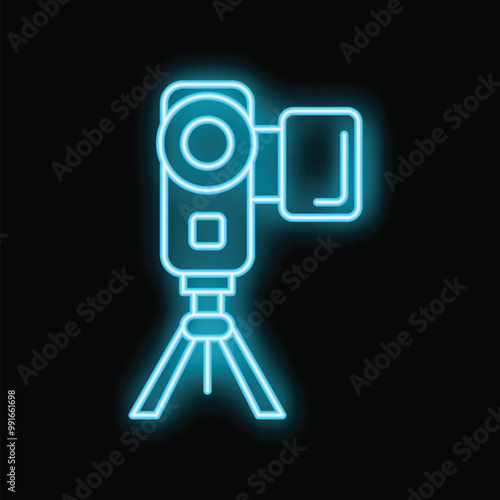 Blue neon icon of a digital camera recording while standing on a tripod, isolated on a black background
