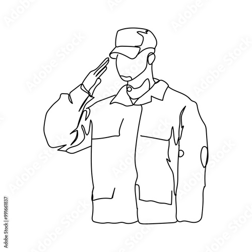 Dessin en ligne continue d'un soldat au garde à vous, lineart, vecteur