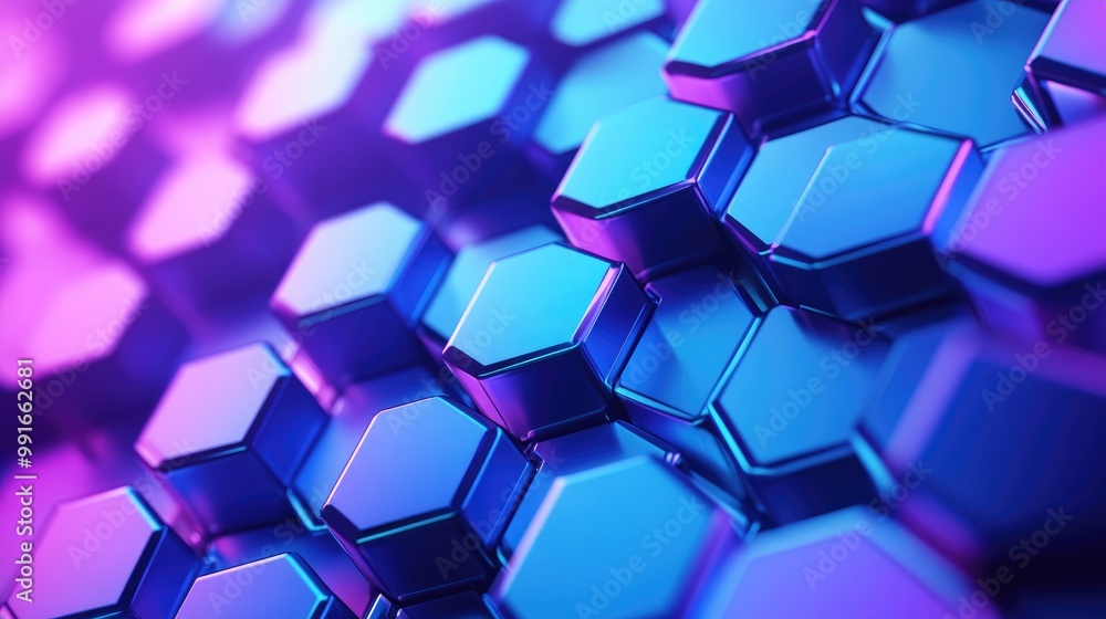 A futuristic abstract background with blue and purple hexagons arranged in a sharp, geometric pattern with a soft gradient color transition A futuristic abstract background with blue and purple hexagons arranged in a sharp, geometric pattern with a soft gradient color transition