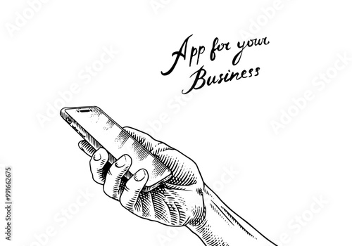 Hand holding mobile smart phone with blank screen. Vector clipart illustration. Line and Ink sketch. Hand drawn Vintage style. 