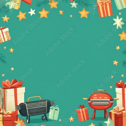 Colorful festive border featuring grills, stars, and presents perfect for holiday celebrations, greeting card with copy space in the middle