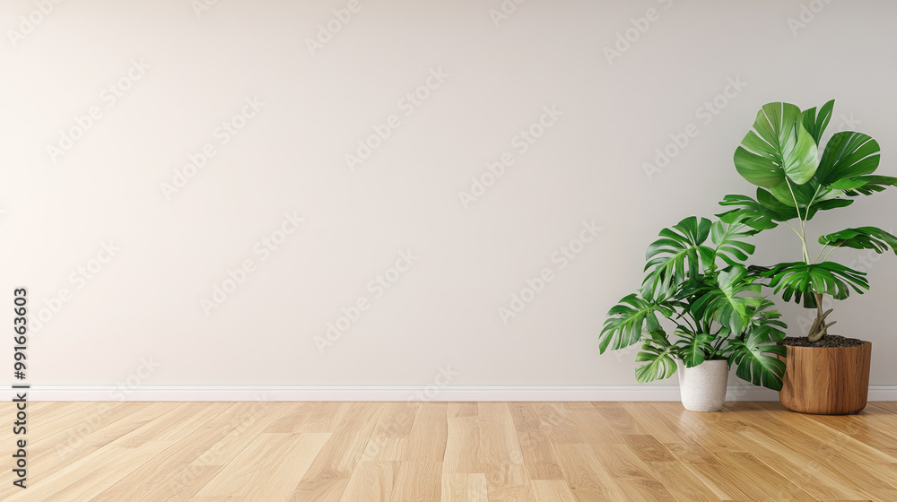 Minimalist Interior with Potted Plants, serene space featuring light wood flooring and lush greenery against a neutral wall, evoking tranquility and natural beauty. Minimalist Interior with Potted Plants, serene space featuring light wood flooring and lush greenery against a neutral wall, evoking tranquility and natural beauty.