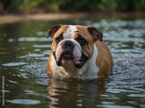 English Bulldog swimming and playing outdoors.