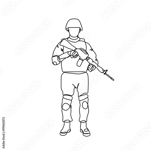 Dessin en ligne continue d'un soldat, line art, vecteur