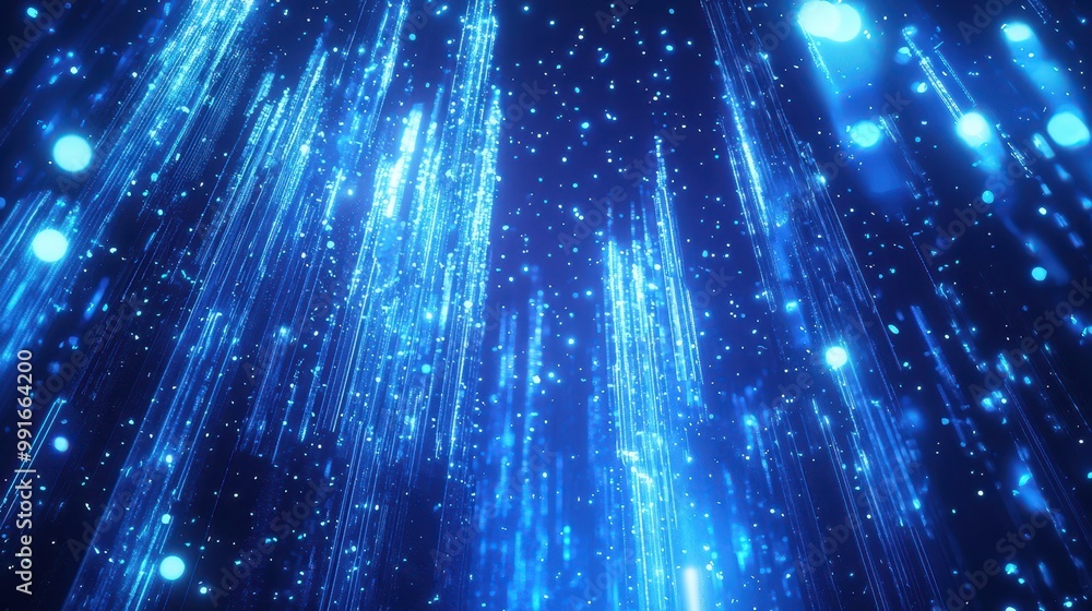 Obraz premium Holographic background with cascading blue beams of light streaming through a tech-inspired grid in a digital realm.