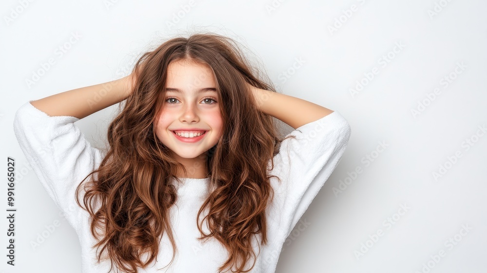 Smiling girl with wavy hair poses against a white background. Smiling girl with wavy hair poses against a white background.
