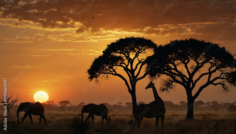 Evening savannah with animal silhouettes at sunset. Evening savannah with animal silhouettes at sunset.