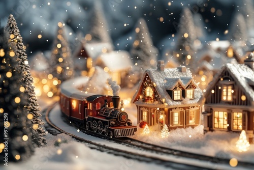 Christmas train in a snowy Christmas village. Beautiful Christmas and New Year concept. 3D Rendering. Miniature Christmas village houses. Festive background .geneative ai