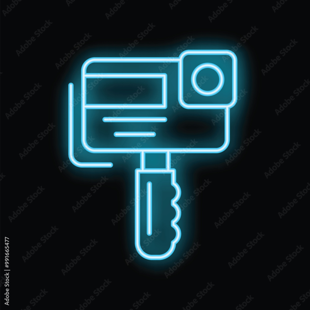 Bright blue neon action camera glowing on dark background, concept of extreme sports and adventure filming Bright blue neon action camera glowing on dark background, concept of extreme sports and adventure filming
