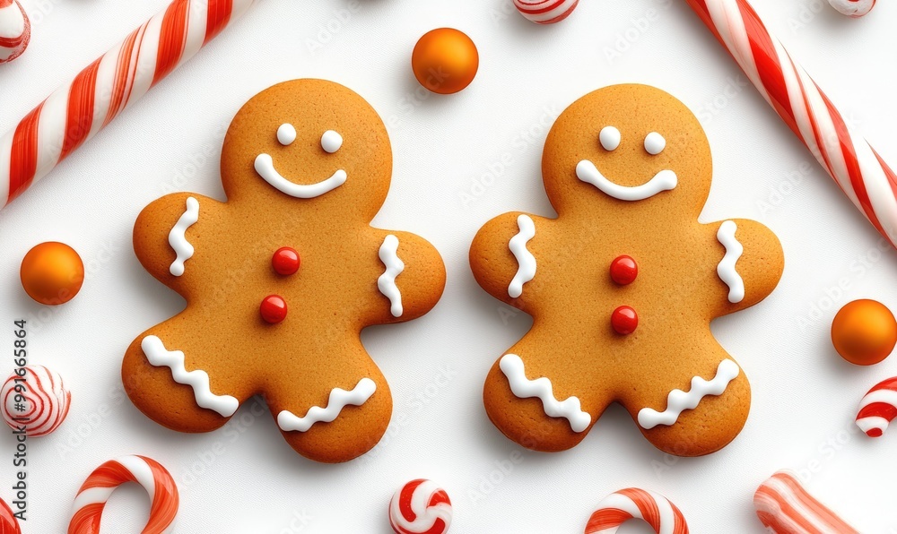 Festive Gingerbread Men and Candy Canes on White Background Festive Gingerbread Men and Candy Canes on White Background