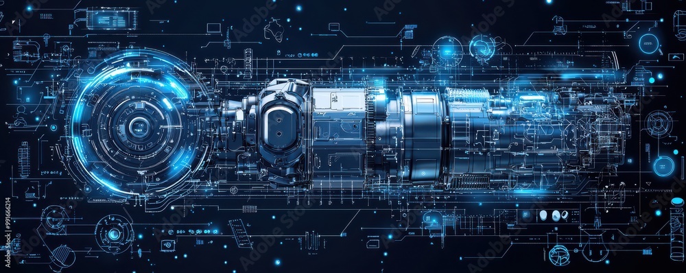 Obraz premium Technical blueprint background featuring futuristic machinery with glowing blue lines and intricate engineering details
