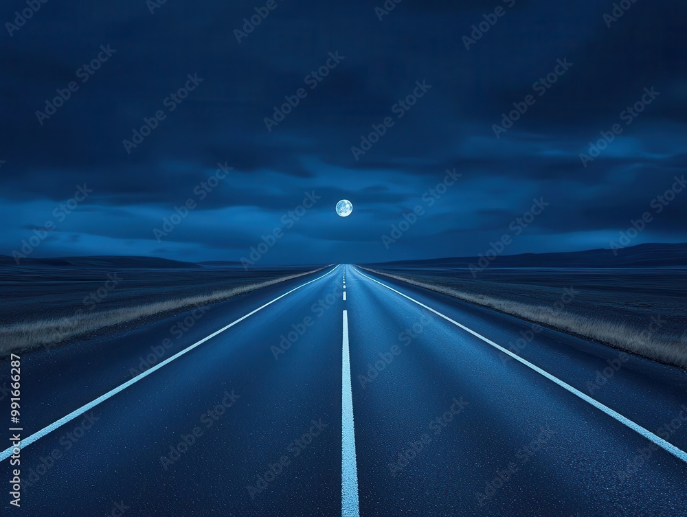 Fototapeta premium Empty road with a dark, cloudy sky above, and a barely visible moon, cloudy night, ethereal quiet