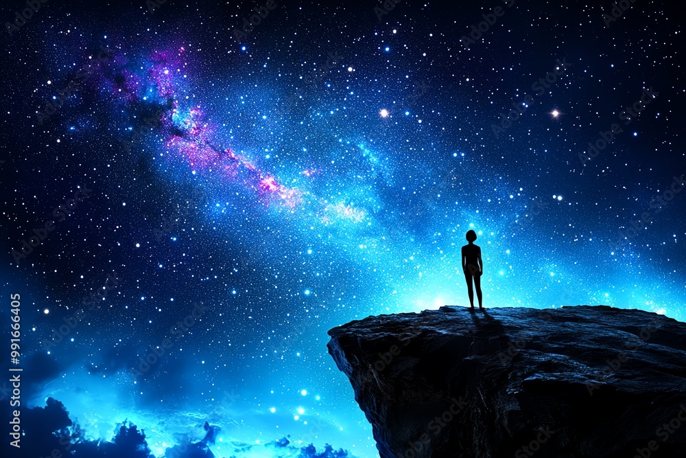 A digital painting of a night sky filled with stars and galaxies, with ...