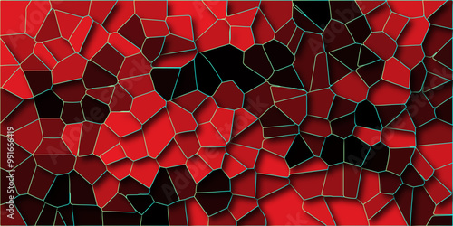 Abstract red and black geometric mosaic design with white lines. Voronoi diagram background. Seamless pattern with 3d shapes vector Vintage Illustration background. Red hexagon ceramic.