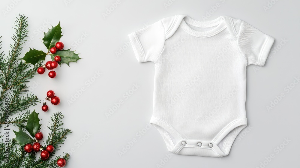 A white baby onesie is displayed next to festive greenery and red berries, perfect for a holiday-themed nursery or gift. A white baby onesie is displayed next to festive greenery and red berries, perfect for a holiday-themed nursery or gift.