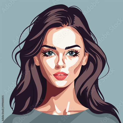 Realistic portrait of a beautiful young woman with big blue eyes and long hair. Vector illustration.
