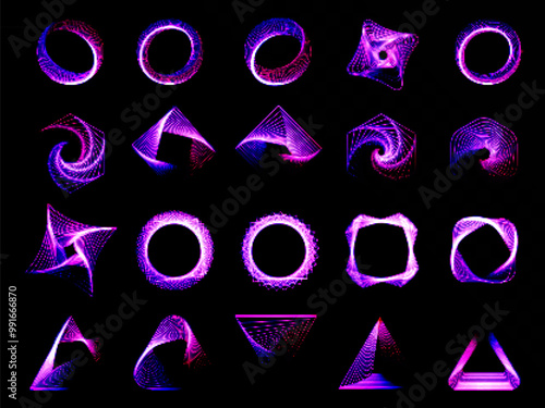 Geometric abstract patterns. Set of vector abstract geometric shapes with neon glow effect.