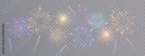 Set of bright colorful isolated vector fireworks on transparent background.