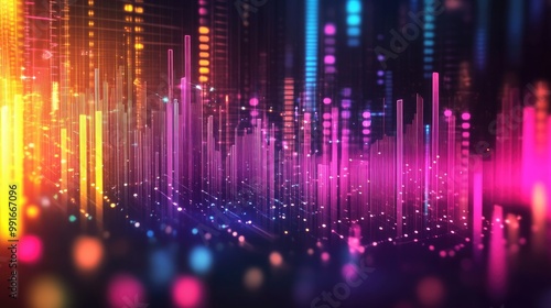 A vibrant digital sound wave equalizer background featuring colorful bars that pulse in rhythm, creating an energetic atmosphere perfect for music and audio-related themes